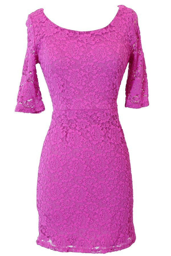 Elegant Fitted Floral Lace Dress in Bright Pink Lily Boutique